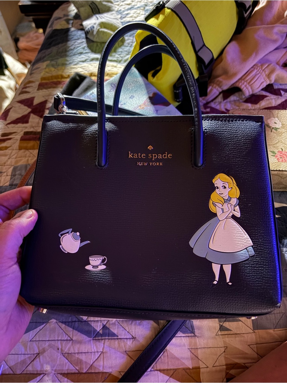 kate spade Black Alice-Inspired Satchel with Teacup Appliqués